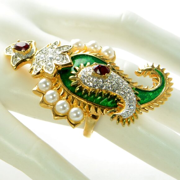 Kenneth Jay Lane KJL Crystal & Pearl Large Paisley Ring - Picture 2 of 6
